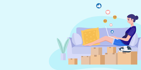 Work from home concept, Happy woman selling products online at home.