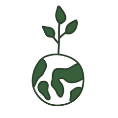 Isolated hand draw eco icon green sprout grow on green planet earth.