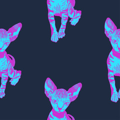 Sphinx kittens seamless pattern. The cat is neon style. Prints for clothes, T-shirts. Vector