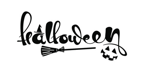 Halloween lettering poster. Black and white text on white background banner. Print, invitation card, t-shirt design. Witch's broom and hat. Pumpkin smiling face decoration.