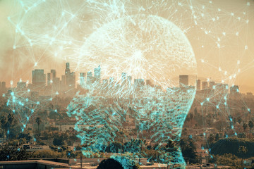 Brain hologram drawing on cityscape background multi exposure. Ai in modern city concept.