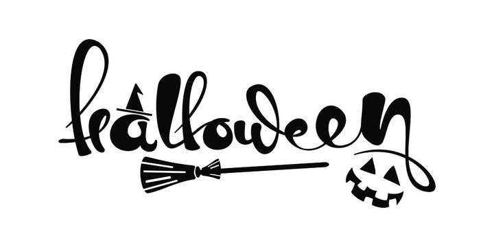 Halloween lettering poster. Black and white text on white background banner. Print, invitation card, t-shirt design. Witch's broom and hat. Pumpkin smiling face decoration.