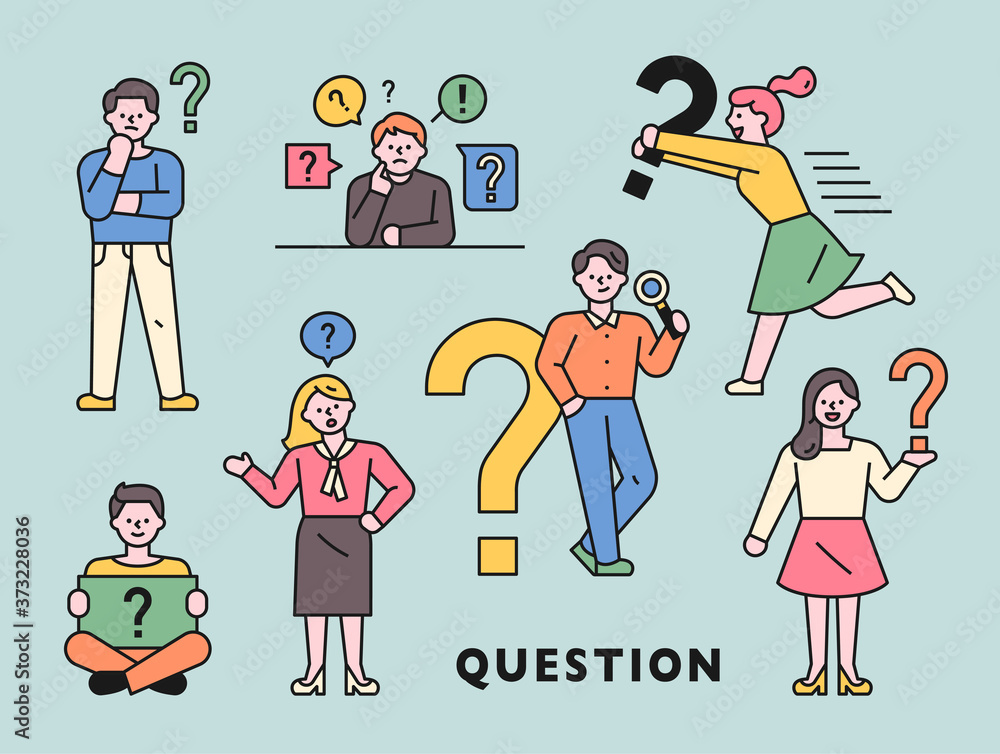 Poster people are making a thinking gesture while holding a question mark icon. flat design style minimal v