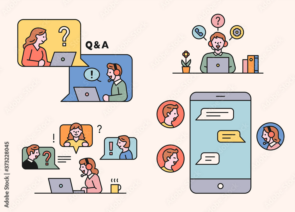 Fototapete people are asking questions through computer and mobile messages. flat design style minimal vector i