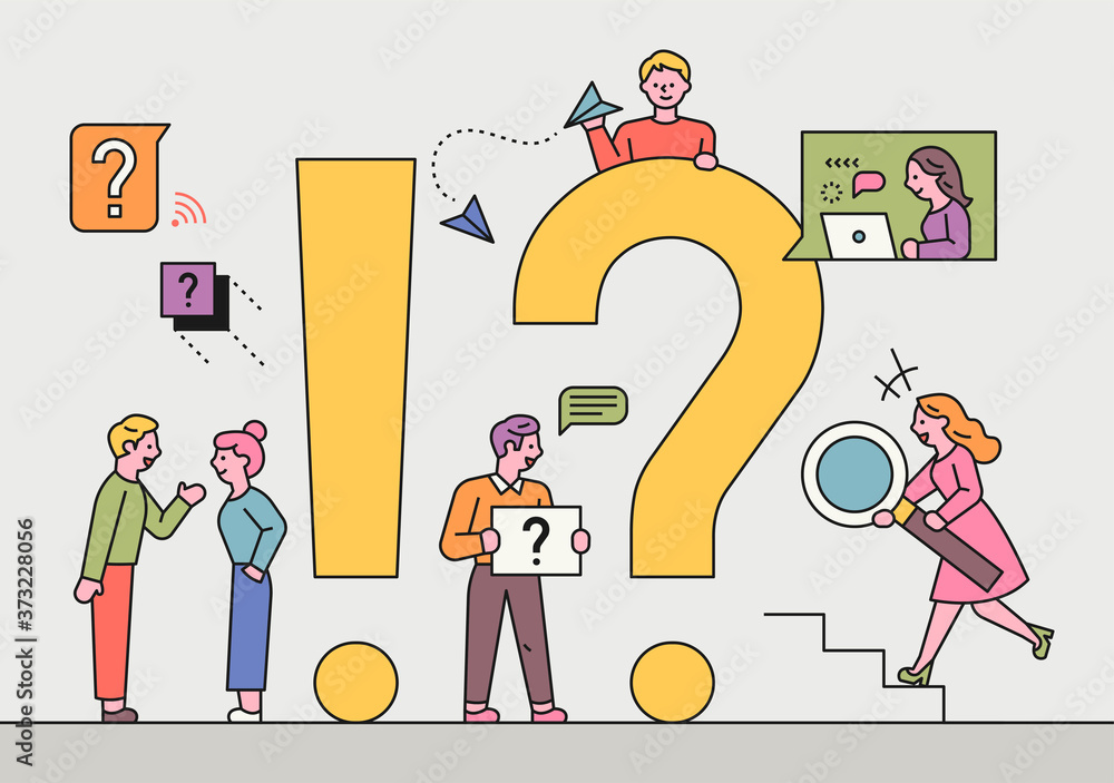 Poster people are looking for answers around giant question marks and exclamation points. flat design style