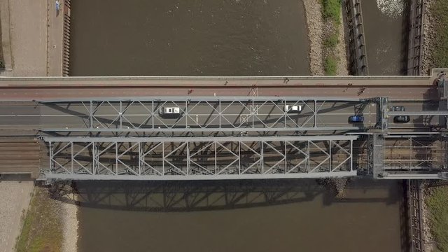 Aerial topdown of the Zutphen Railway bridge at the river IJssel in the Netherlands 