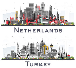 Netherlands and Turkey Skyline with Gray Buildings Isolated on White.
