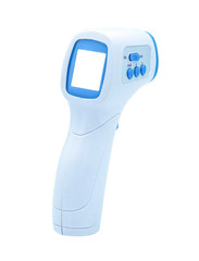 Digital infrared thermometer macro shot isolated on white background, Copy space for text.