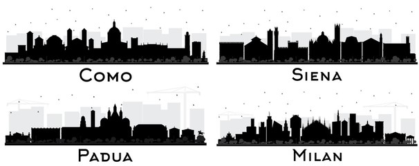 Padua, Siena, Milan and Como Italy City Skyline Silhouette with Black Buildings Isolated on White. - obrazy, fototapety, plakaty