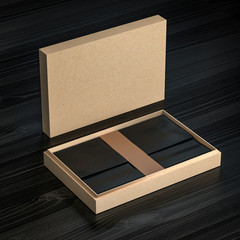 cardboard Gift present Box Mockup with black craft wrapping paper and golden fix ribbon, opened and closed for branding and identity - isolated