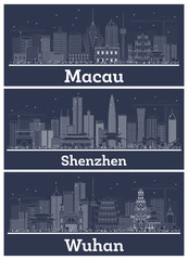 Outline Shenzhen, Macau and Wuhan China City Skylines with White Buildings.