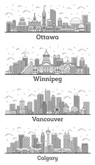 Outline Vancouver, Winnipeg, Calgary and Ottawa Canada City Skylines with Modern Buildings Isolated on White.