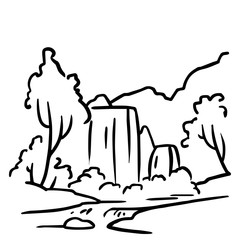 Outline landscape. There is waterfall in woods.  Vector illustration