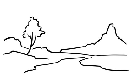 Outline landscape. There are river, tree, mountain. Vector illustration