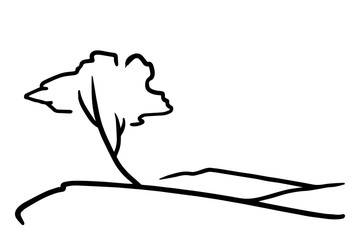 Outline landscape. There are tree in steppe. Vector illustration