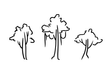 Set of outline jungle trees with vines. Vector illustration