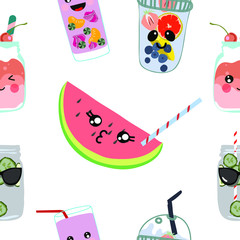Seamless pattern. Cute kawaii drinks. Various varieties of refreshing lemonades and fruits. Vector illustration.  Transparent background