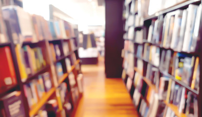 blurred view of japanese bookstore. interior design of library in warm wooden mood. abstract...