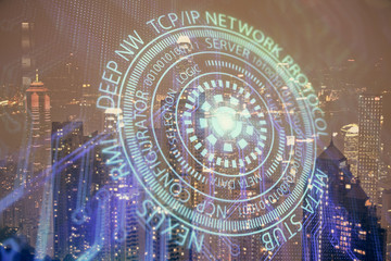 Data theme hologram drawing on city view with skyscrapers background double exposure. Ai concept.