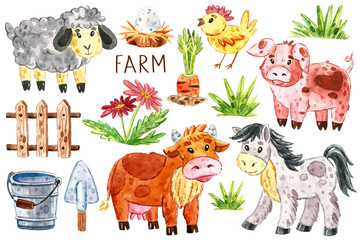 Farm animals clip art, set of elements. Cow, horse, pig, sheep, chicken, nest, egg, cattle wooden fence, carrot, grass, flowers, bucket, shovel. Watercolor illustration. Isolated on white background.