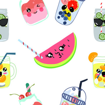Seamless pattern. Cute kawaii drinks. Various varieties of refreshing lemonades and fruits. Vector illustration.  Transparent background
