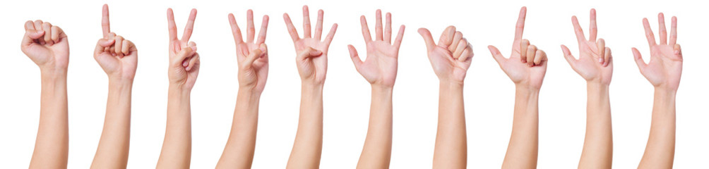 Close up of hand counting number, Sign number zero to nine, isolated on white background, With...