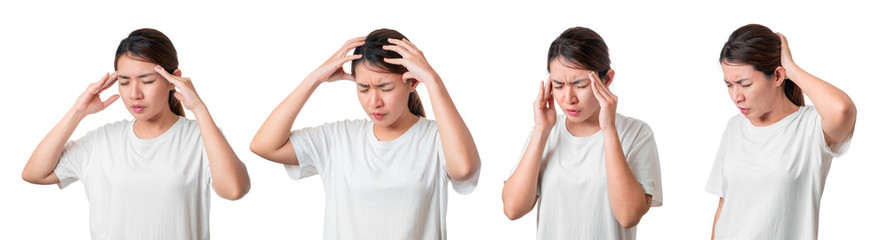 Mutiple shot of Asian woman having headache and pressing fingers to temples, Isolate on white background, With clipping path