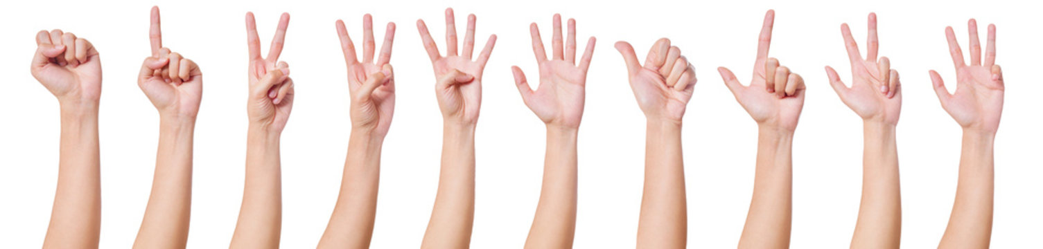 Close up of hand counting number, Sign number zero to nine, isolated on white background, With clipping path.