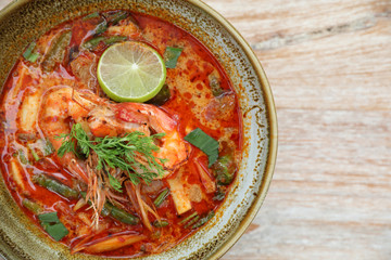 Tom Yum soup , a Thai traditional spicy prawn soup