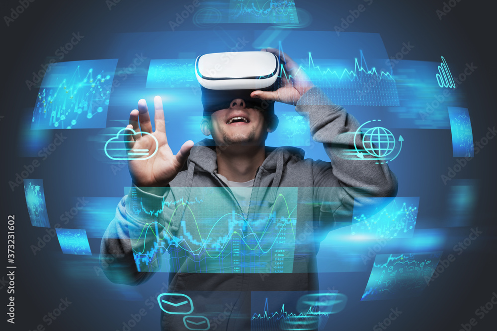 Poster man in vr glasses using cloud computing interface