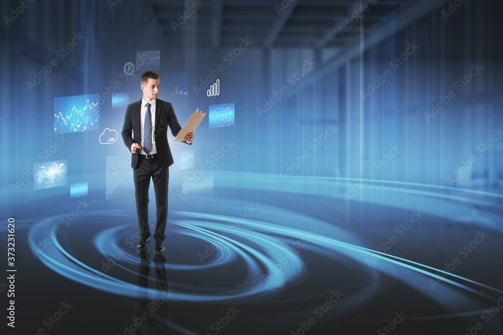 Poster man with clipboard, cloud computing