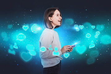 Smiling teen girl with phone, social media
