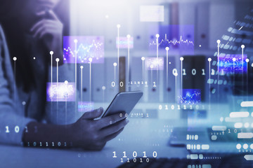 Woman with phone, network interface