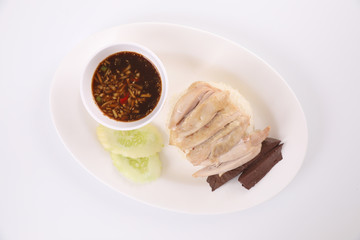 Thai food gourmet steamed chicken with rice , khao mun kai in wood background