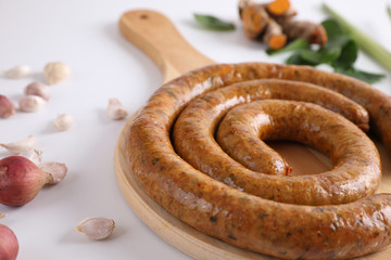 Local Northern Thai food , Northern Thai spicy sausage street food isolated in white background