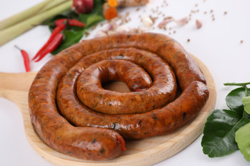 Local Northern Thai food , Northern Thai spicy sausage street food isolated in white background