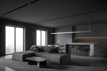 Grey kitchen and living room corner