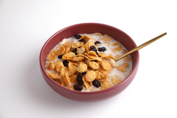 Cereal dessert with corn oat and dry fruits isolated in white background