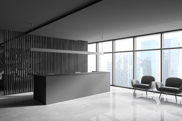Dark grey waiting room corner with reception