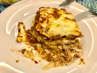 Leftover Lasagna in Plate. Unfinished Food Lasagne.