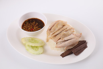 Thai food gourmet steamed chicken with rice , khao mun kai in wood background