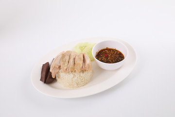 Thai food gourmet steamed chicken with rice , khao mun kai in wood background