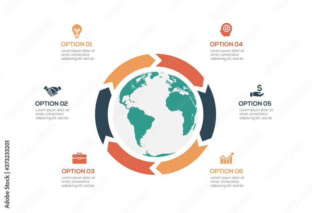 Poster vector infographics global template for 6 options. can be used for workflow layout, banner, cycle di