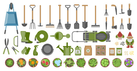 Garden tools and plants. Top view. Set of various gardening items. Flat design illustration of items for gardening. View from above.