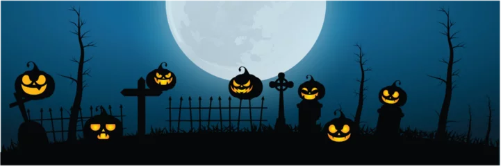Fotobehang Halloween Poster, night background with creepy castle and pumpkins, illustration. Greeting card halloween celebration, halloween party poster. © TakDesign