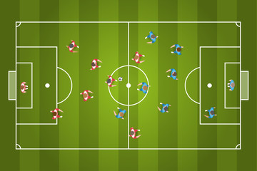 Football stadium and soccer team. Top view. Soccer field with the players. View from above. Soccer championship background. 