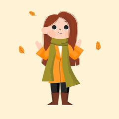 Hello autumn. Girl wearing autumn clothes doing outdoor activity. Hand drawn Children character vector illustration