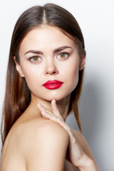 Charming woman Nude shoulders red lips charm 