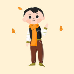 Hello Autumn with cute little boy standing in fall clothes outdoor home Activities. Having Good Time, Walking and Playing Wearing Warm Clothes. Hand drawn Children character vector illustration