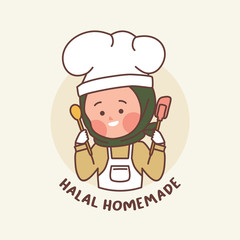 chef with a spoon. Halal homemade doodle logo template. cute doodle chef hand drawn with muslim hijab and apron with hat. logo for Islamic online shop, bakery, cooking and other
